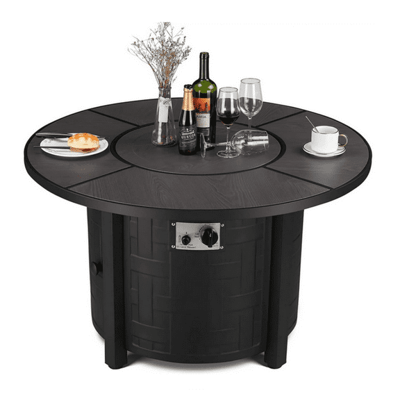 Arlopu 42in Round Propane Fire Pit Table, 50,000 BTU Outdoor Gas Firepit Table with Fire Glass, Metal Lid & Waterproof Cover