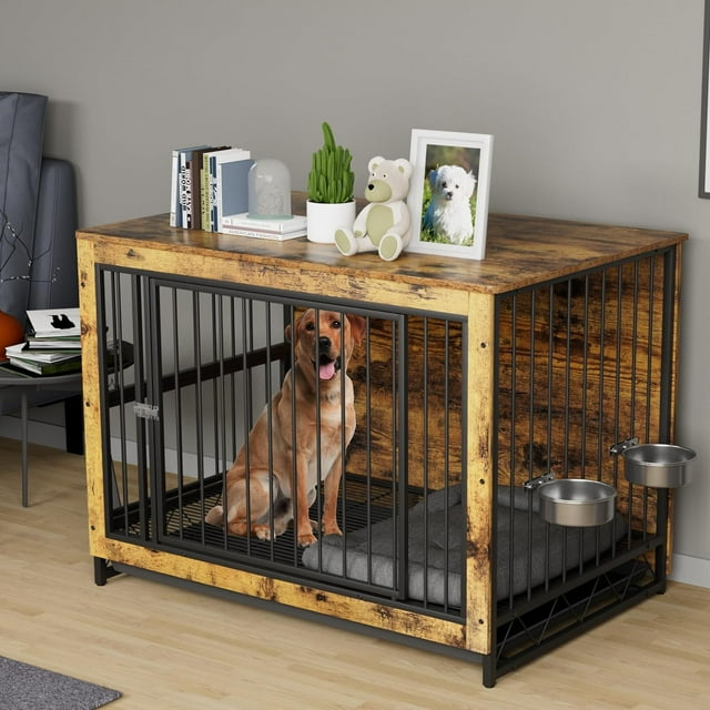 Arlopu 44.1'' Large Dog Crate with Tray, 2 Bowls, Heavy Duty Indoor ...