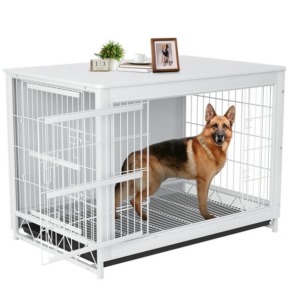 Arlopu 44.1'' Large Dog Crate Furniture, Wooden End Table Indoor Dog Kennel with Pull-Out Tray & Double Doors, Dog Cage for Small, Medium Large Dogs up to 80 lbs