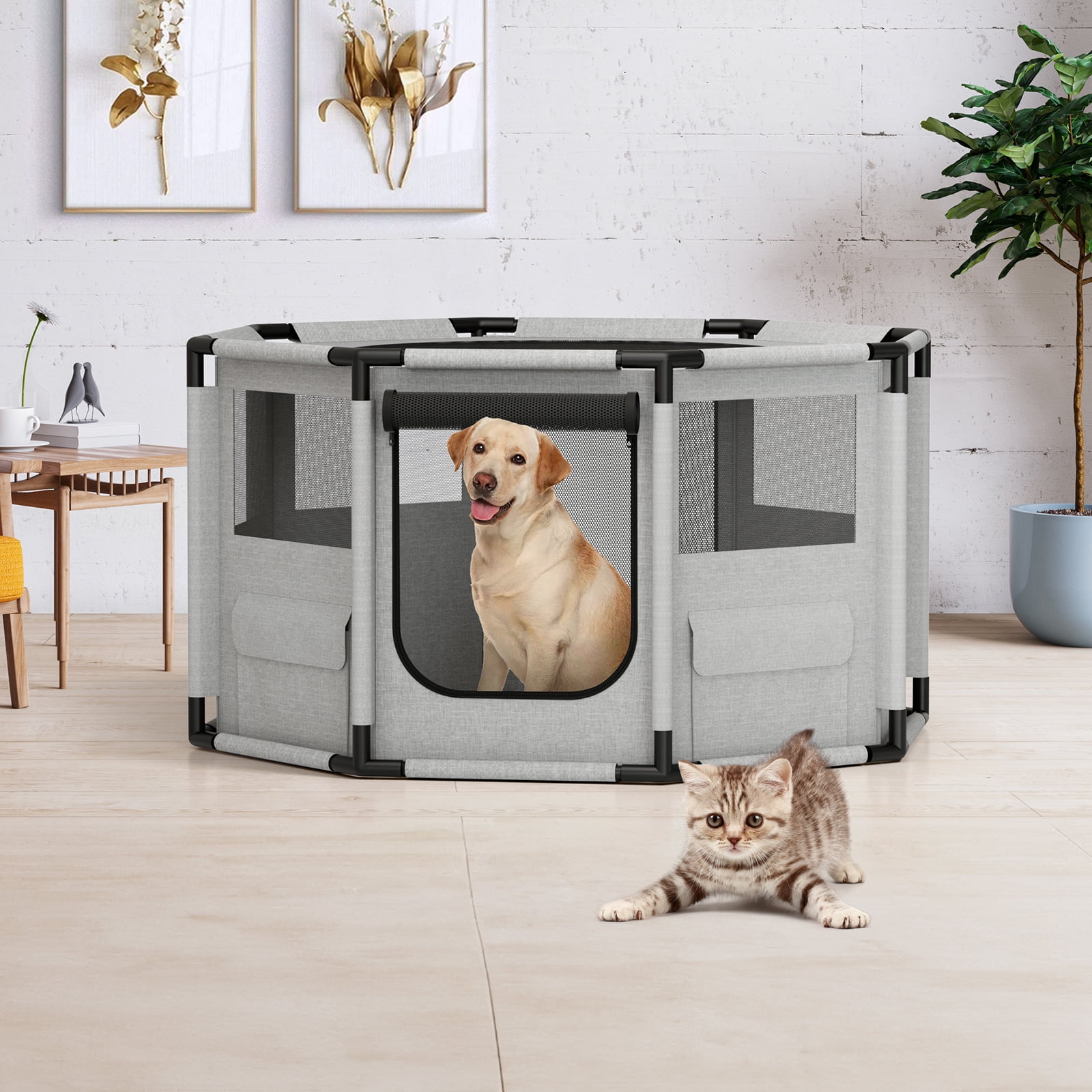 Arlopu 47.2 Dog Playpen Oxford Fabric Dog Fence Octagon Dog Crate Indoor Outdoor Breathable Dog Kennel for Dogs up to 71lbs