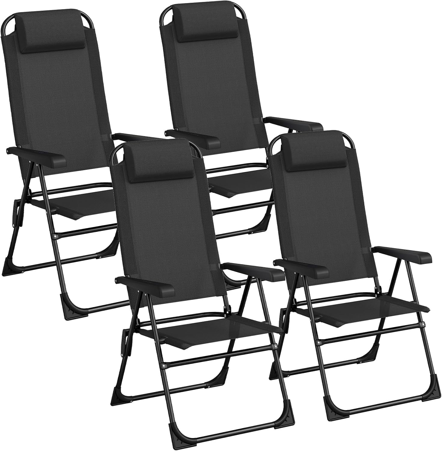 Arlopu 4pcs Patio Folding Chairs, Outdoor Lawn Chair w/ 5 Level Adjustable Teslin Back, Removable Headrest, Ergonomic Armrest, Foot Pad