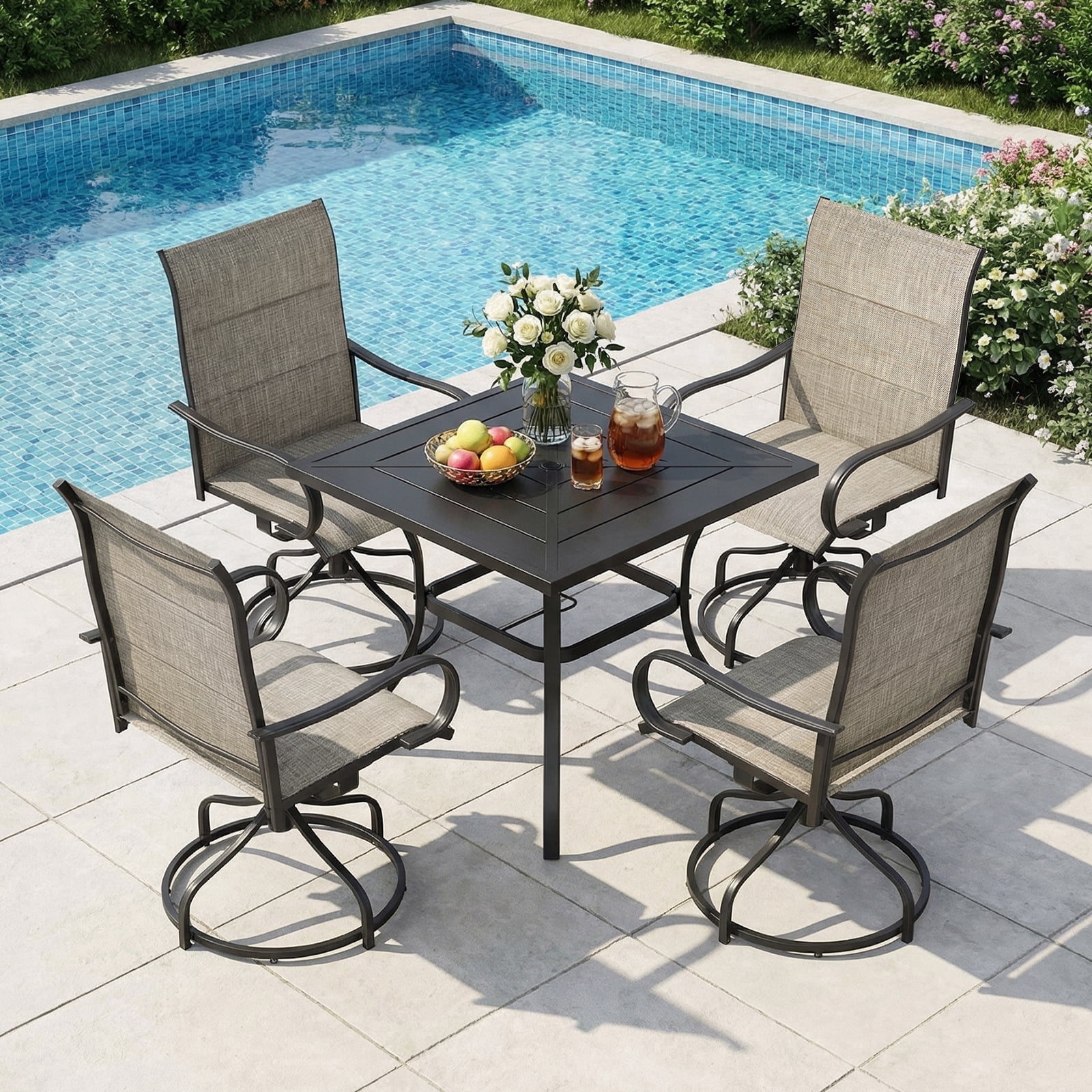 Arlopu 4pcs Patio Padded Swivel Chairs, Outdoor 360° Dining Chairs w/ High Back & Armrest for Garden Deck Backyard, All-Weather Textilene, Brown