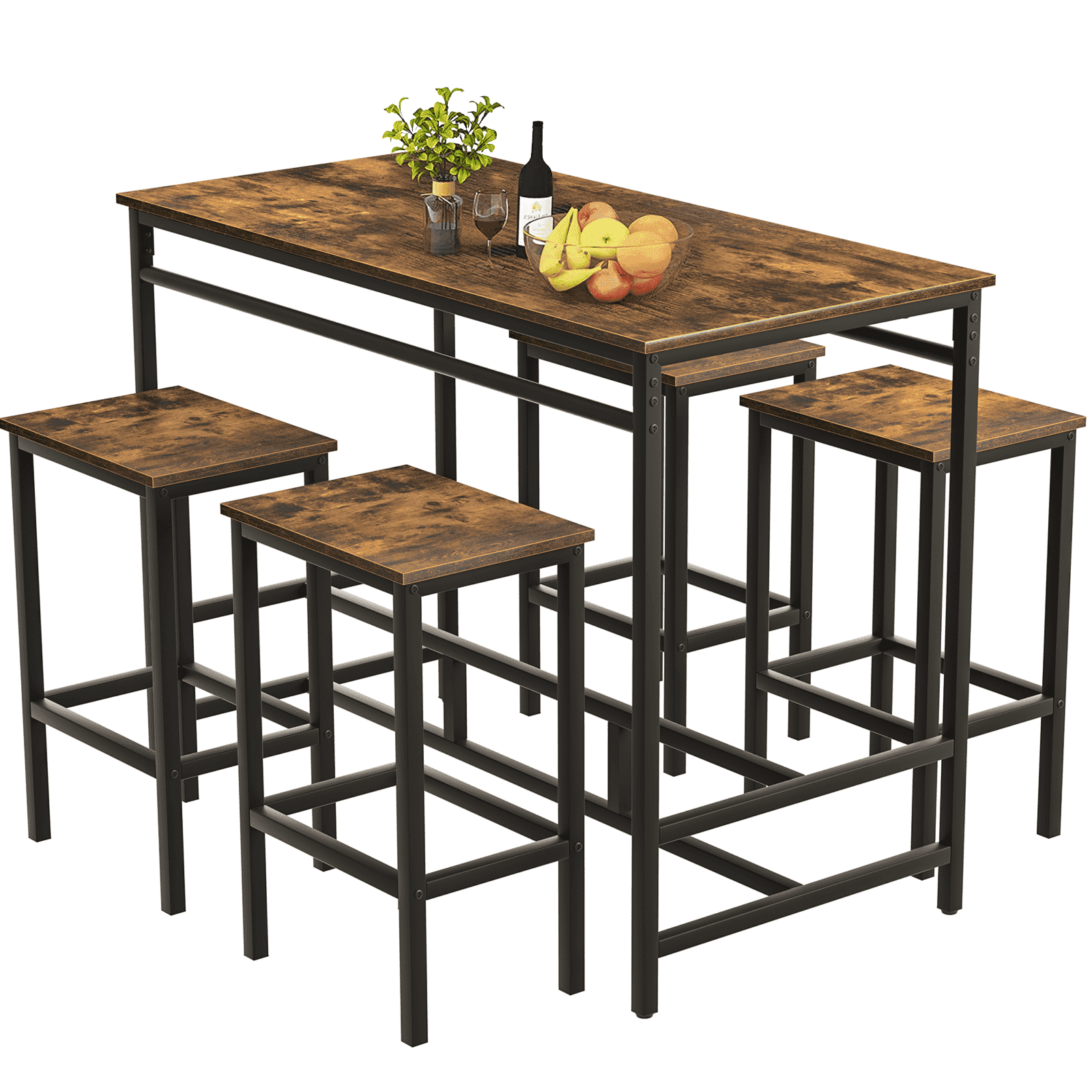 Rustic Brown Modern Pub Table Set with 4 Stools