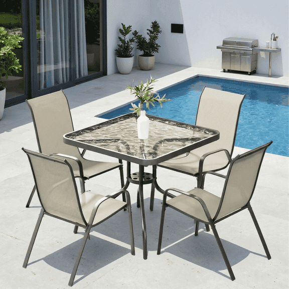 Arlopu 5 Piece Patio Dining Set, Patio Table & 4 Stackable Chairs with Umbrella Hole for Backyard & Gardens All Weather