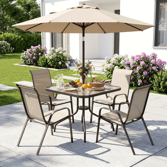 Arlopu 5 Piece Patio Dining Set, Patio Glass Table & 4 Stackable Chairs with Umbrella Hole for Backyard & Gardens, All Weather