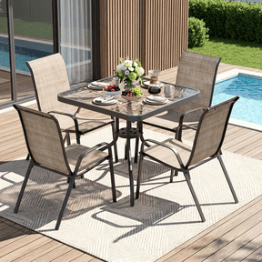 Arlopu Patio Dining Set 5 Pieces, Outdoor Furniture w/ Metal Table and 4 Stackable Textilene Chairs, All Weather, 330LBS