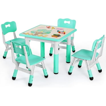 Arlopu 5 Piece Kids Table and Chairs Set, Height Adjustable Toddler Activity Table with 4 Seats for Girls & Boys Age 2-10