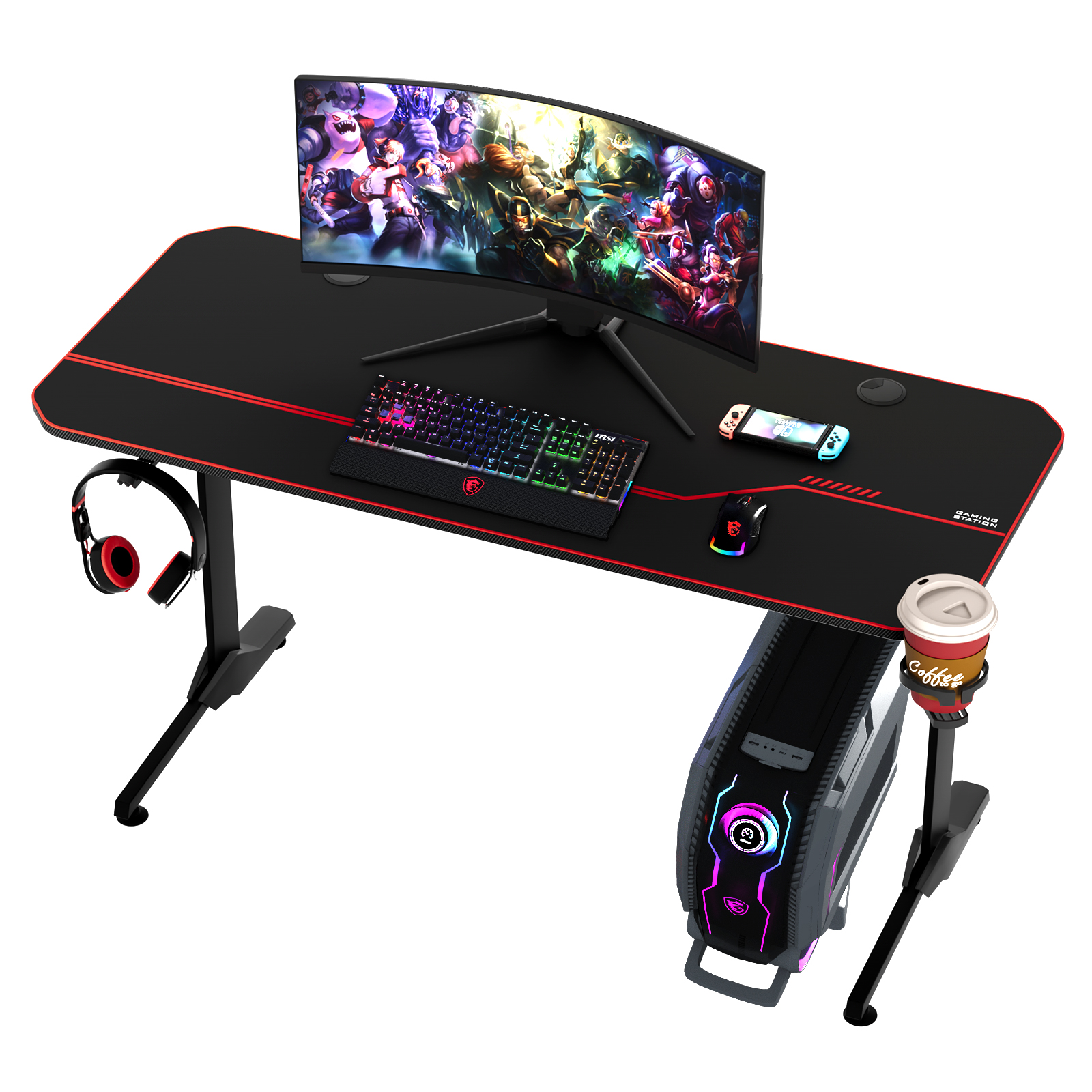 Arlopu 55in Racing Style Gaming Desk, T-Shaped Gaming Computer Table Home Office Workstation with Mouse Pad, Cup Holder & Headphone Hook - image 1 of 8