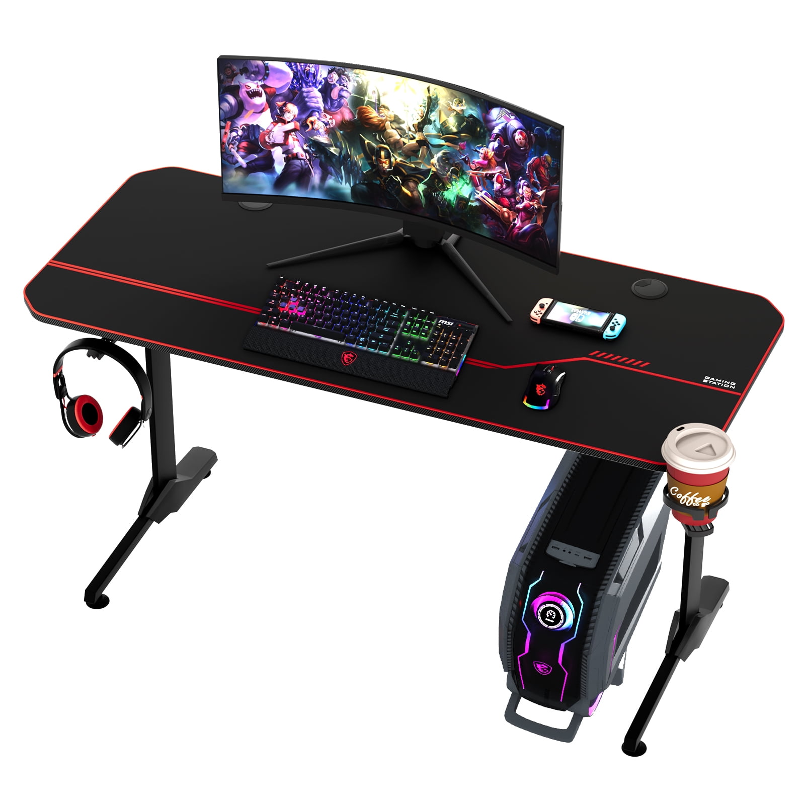 Arlopu 55″ Racing Style T-Shaped Gaming Computer Desk with Mouse Pad, Cup Holder & Headphone Hook