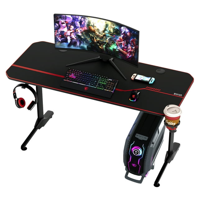 Arlopu 55in Racing Style Gaming Desk, T-Shaped Gaming Computer Table Home Office Workstation with Mouse Pad, Cup Holder & Headphone Hook