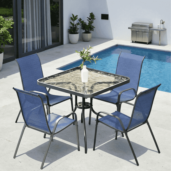 Arlopu 5pcs Outdoor Dining Table & Chair Set, Square Table and 4 Textilene Chairs with Umbrella Hole for Garden Backyard