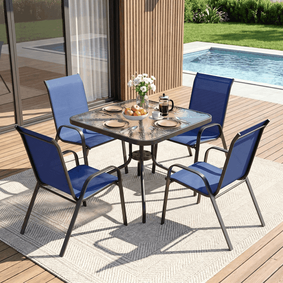 Arlopu Outdoor Table Furniture Set Patio Dining Table Set with 4 Stackable Textilene Chairs, Dark Blue