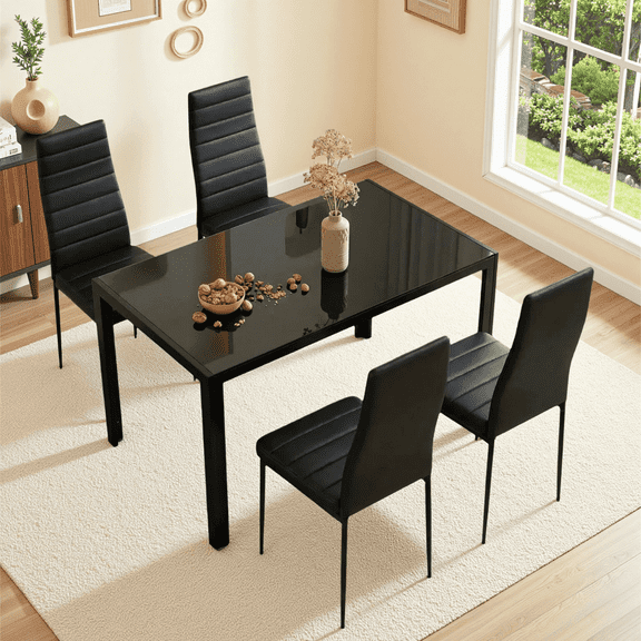 Arlopu 5pcs Dining Furniture Set, Tempered Glass Table & 4 Upholstered PU Chairs, Space-Saving & Metal Steel Frame Dining Room Set for Home, Kitchen, Dining Room, Black