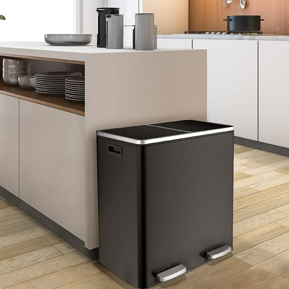 Arlopu 60 L/16 gal Dual Trash Can, Stainless Steel Garbage Can for Kitchen, Recycle Bin with Lid