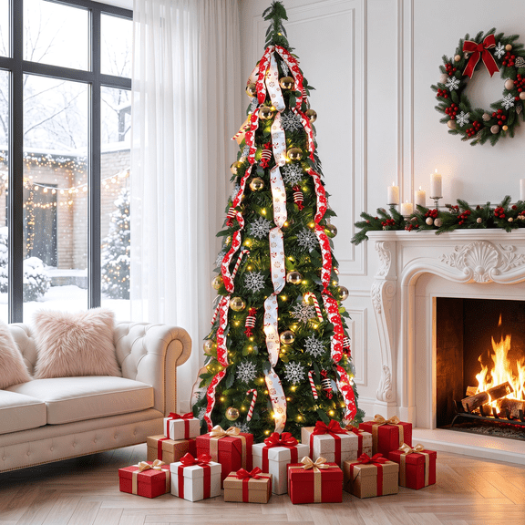 Arlopu 6FT Pre-Lit Pop Up Christmas Tree, Collapsible Christmas Tree