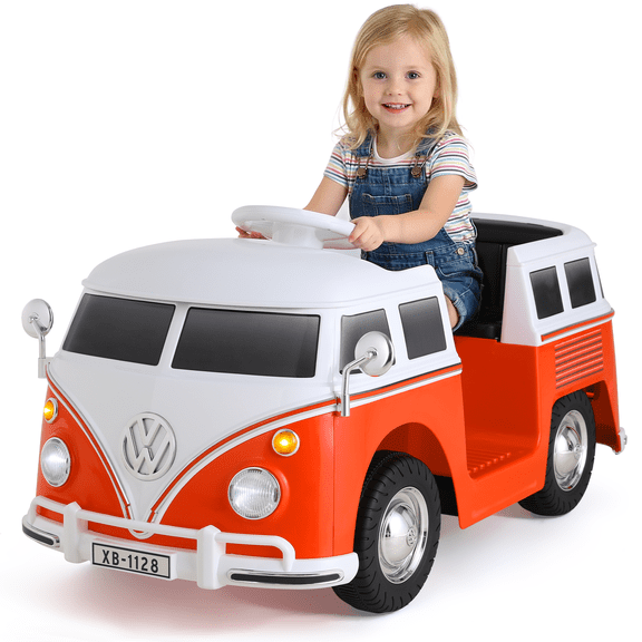 Arlopu 6V Kids Licensed Volkswagen Ride on Bus, Electric Ride on Car with Cup Holder, LED Headlights & Music for Ages 3+, Orange