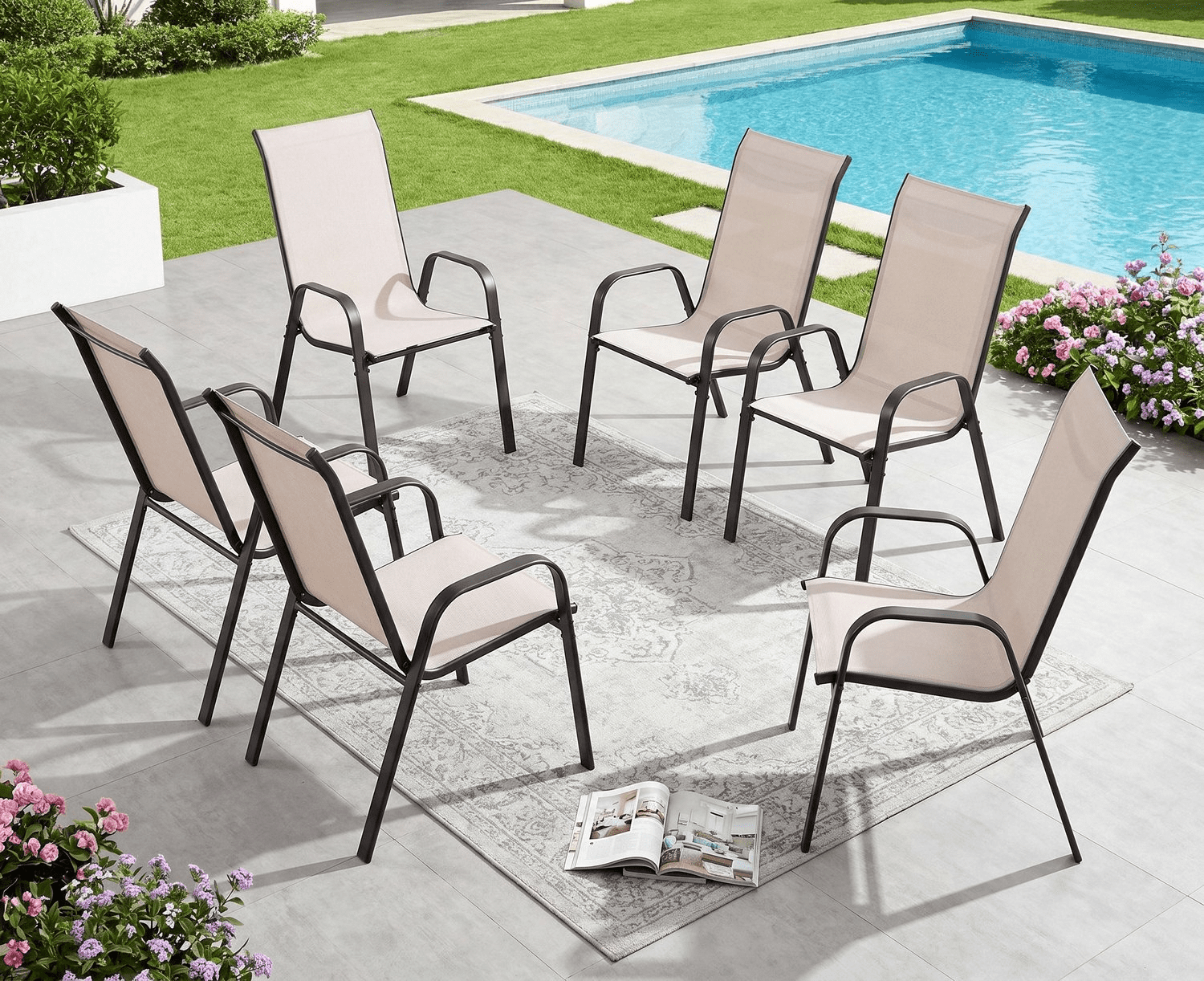 Arlopu 6pcs Patio Dining Chairs, Outdoor Stackable Textilene Chairs Set for Garden Poolside,330 LBS, Beige
