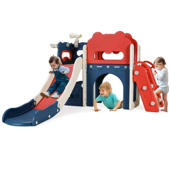 Arlopu 7 in 1 Toddler Slide, Freestanding Kids Slide Play Climber Set Indoor Outdoor Playground with Telescope, Tunnel, Storage Space, Basketball Hoop & Ball
