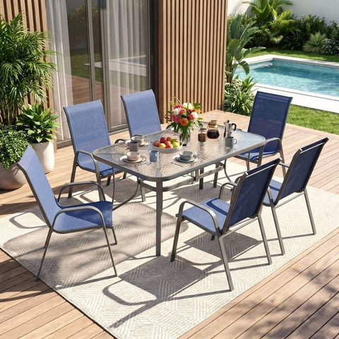 Arlopu 7pcs Outdoor Patio Dining Set with Rectangle Steel Table & 6 Textilene Stackable Chairs for Garden Poolside, Umbrella Hole, Tempered Glass Top