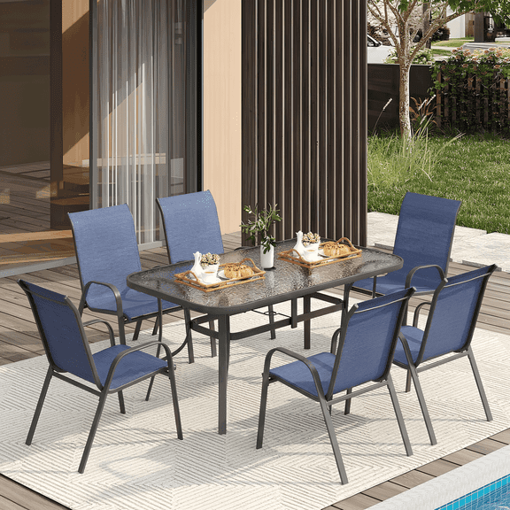 Arlopu 7pcs Outdoor Patio Dining Set with Rectangle Steel Table & 6 Textilene Stackable Chairs for Garden Poolside, Umbrella Hole, Tempered Glass Top