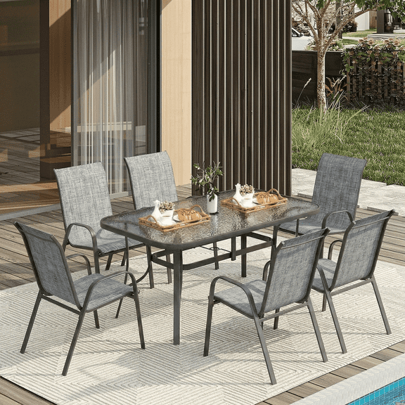 Arlopu 7 Pieces Patio Furniture Set, Outdoor Dining Table & 6 Textilene Chairs for Garden Backyard, Gray