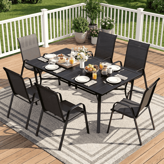 Arlopu 7pcs Outdoor Patio Dining Set, 63''x38'' Rectangular Metal Table and 6 Stackable Textilene Chairs (Black)