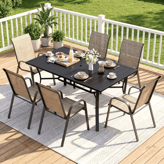 Arlopu 7pcs Outdoor Patio Dining Set, Patio Rectangular Metal Table & 6 Stackable Textilene Chairs, Outdoor Furniture for Backyard Garden Poolside, Brown