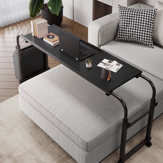 Arlopu Overbed Table with Wheels, Adjustable Height/Width, Rolling Laptop Cart with Tilt Stand & Side Storage Basket