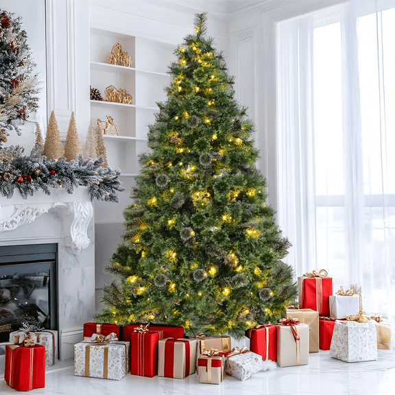 Arlopu 8FT Pre-lit Artificial Christmas Tree with 1000 Branches  & 400 Warm White Lights , Snow Dusted Prelighted Cashmere Pine Needle Xmas Tree, Metal Hinges & Metal Stand for Party Holiday Decor