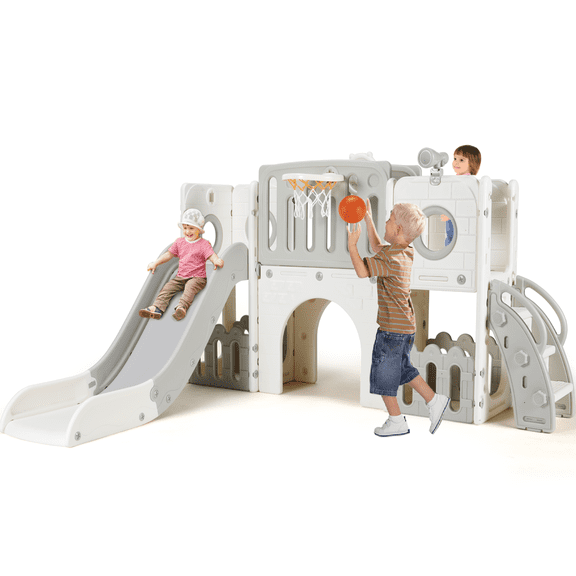Arlopu 9-in-1 Kids Slide Set, Indoor Outdoor Playground Slide Playset for Toddlers with Basketball Hoop & Ball, Climber, Tunnel, Telescope, Storage Space, White