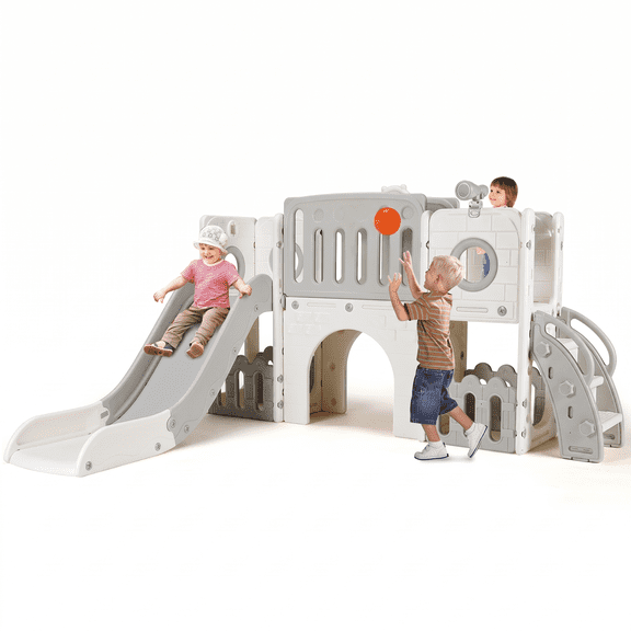 Arlopu 9-in-1 Kids Slide Set, Indoor Outdoor Playground Slide Playset for Toddlers with Ball, Climber, Tunnel, Telescope, Storage Space, White