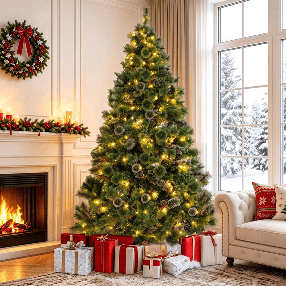 Arlopu 9FT Pre-lit Artificial Christmas Tree, Hinged PVC Christmas Tree 500 LED Lights for Home Holiday Party Decor