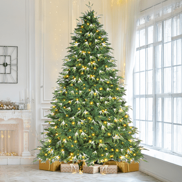 Arlopu 9ft Pre-lit Artificial Christmas Tree with 500 Warm White Lights, Snow Flocked Full Prelighted Xmas Tree with 1743 Branch Tips, Ice Crystal