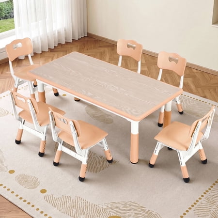 Arlopu Kids Table and 6 Chairs Set, Height Adjustable, Toddler Play Activity Table Set w/ Graffiti Tabletop & Non-Slip Legs for Daycare Classroom Home, Yellow