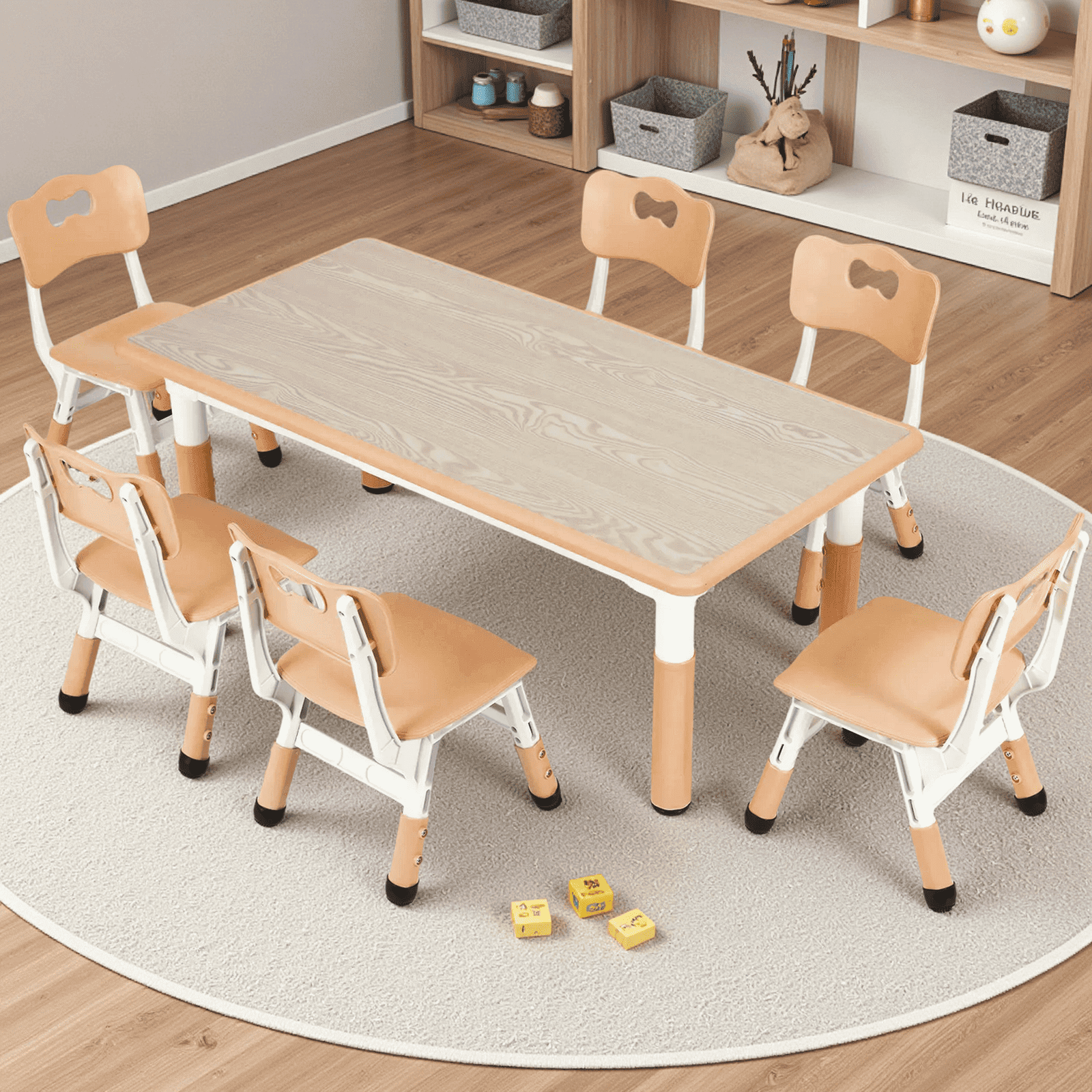 Arlopu Rectangle Kids Table and 6 Chairs Set, Height Adjustable