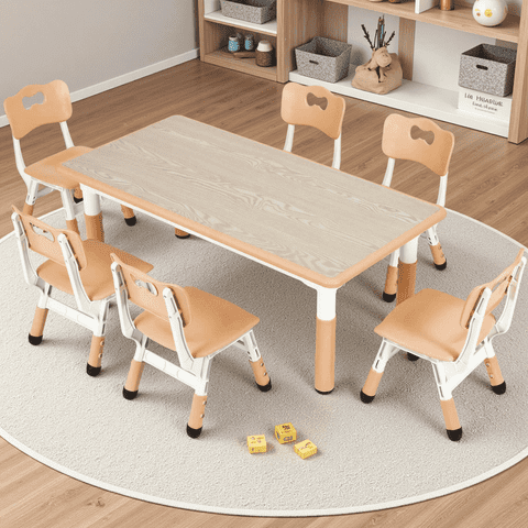 Arlopu Kids Table and 6 Chairs Set, Height Adjustable, Toddler Play Activity Table Set w/ Graffiti Tabletop & Non-Slip Legs for Daycare Classroom Home, Yellow