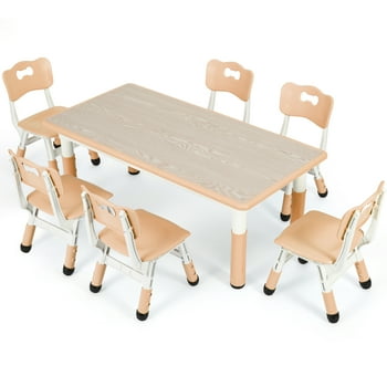 Arlopu Adjustable Kids Table and 6 Chairs Set, Toddler Play Activity Table Set with Graffiti Tabletop, Preschool Kids Furniture Table Set for Reading, Drawing, Eating
