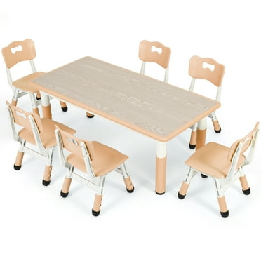 Arlopu Adjustable Kids Table and 6 Chairs Set, Toddler Play Activity Table Set with Graffiti Tabletop, Preschool Kids Furniture Table Set for Reading, Drawing, Eating