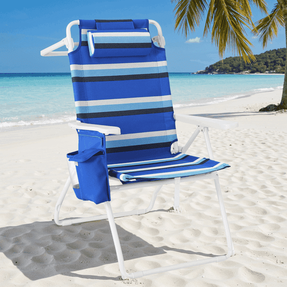 Arlopu Beach Chair, Folding High Back Beach Chair w/ 5-Position Lay Flat, Headrest, Cooler Pouch, Storage Bag, Towel Bar, Foot Mat, Outdoor Portable Camping Chair