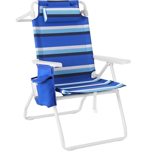 Arlopu Beach Chair, Folding High Back Beach Chair w/ 5-Position Lay Flat, Headrest, Cooler Pouch, Storage Bag, Towel Bar, Foot Mat, Outdoor Portable Camping Chair