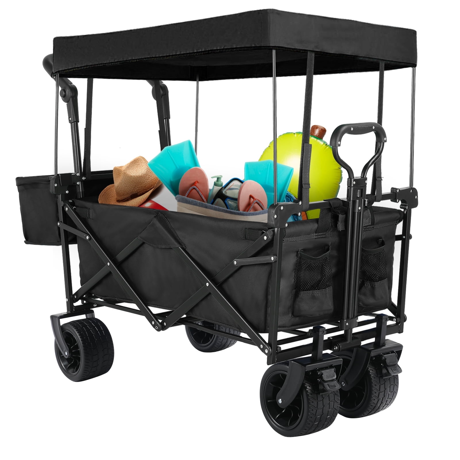 Arlopu Collapsible Wagon Cart Outdoor Folding Utility Garden Cart with All-Terrain Wheels and Removable Canopy