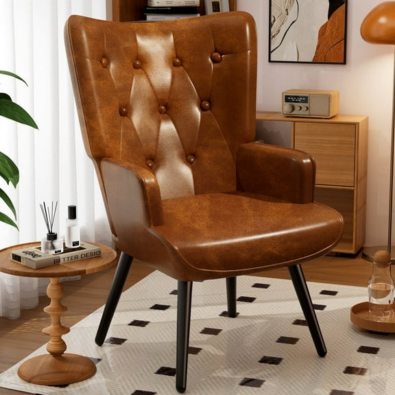 Arlopu Comfy Upholstered Armchair, PU Accent Chair, High Backrest Living Room Chair, Wingback Chair Mid Century Modern for Living Room/Vanity/Bedroom