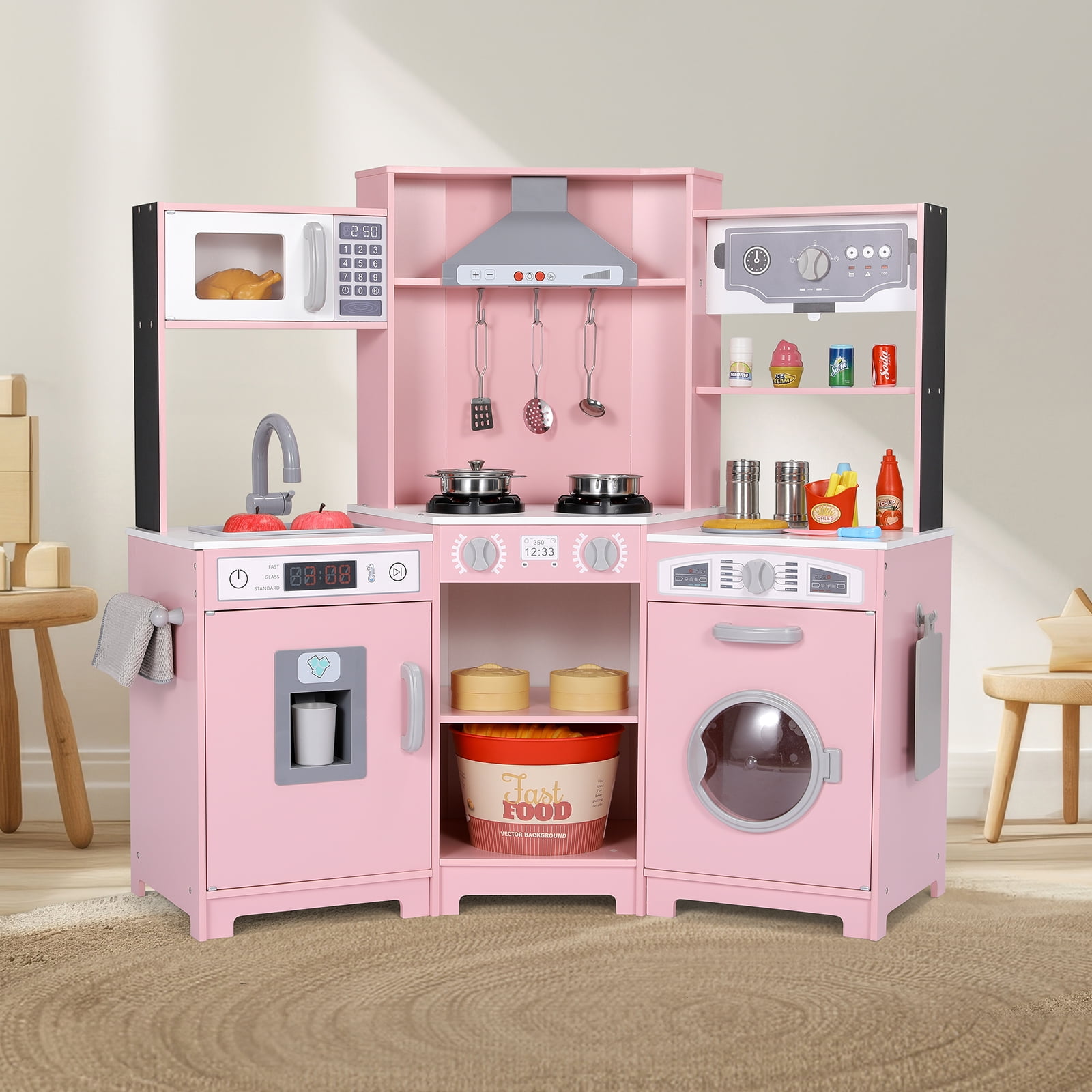 Arlopu Kids Pretend Play Corner Kitchen, Interactive Wooden Kitchen Toys Set w/ Lights & Sounds, Gift for Age 3+, Pink