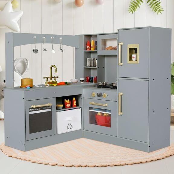 Arlopu Corner Play Kitchen for Kids w/ Sound & Light, Wooden Kitchen Playset w/ Refrigerator, Stove, Disinfection Locker, Water Dispenser & Sink for Toddler Ages 3+ Boys Girls, Gray
