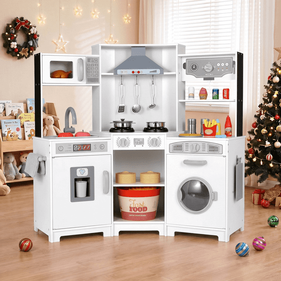 Arlopu Kids Pretend Play Corner Kitchen, Interactive Wooden Kids Set w/ Lights & Sounds, Accessories for Ages 3+