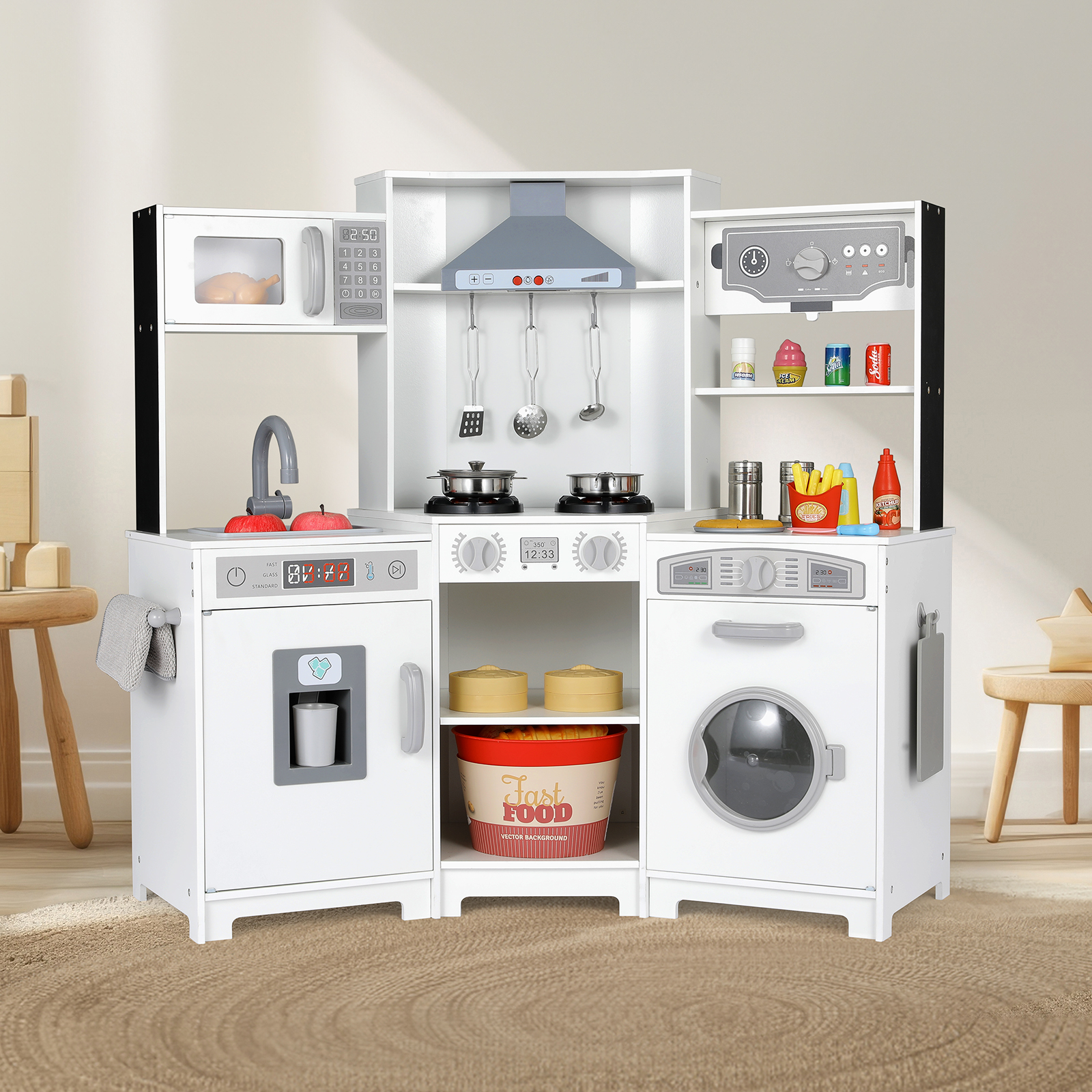 Arlopu Kids Corner Kitchen Playset Wooden Chef Play with Stove, Water Dispenser, Cutting Board