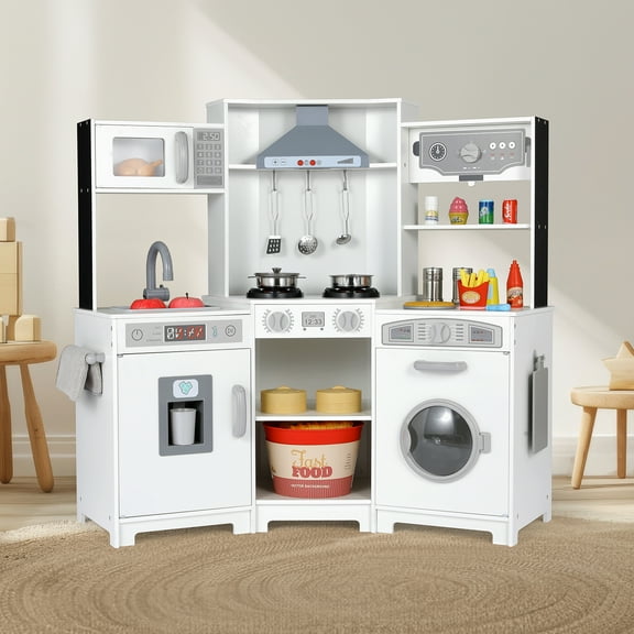 Arlopu Kids Corner Kitchen Playset Wooden Chef Play with Stove, Water Dispenser, Cutting Board