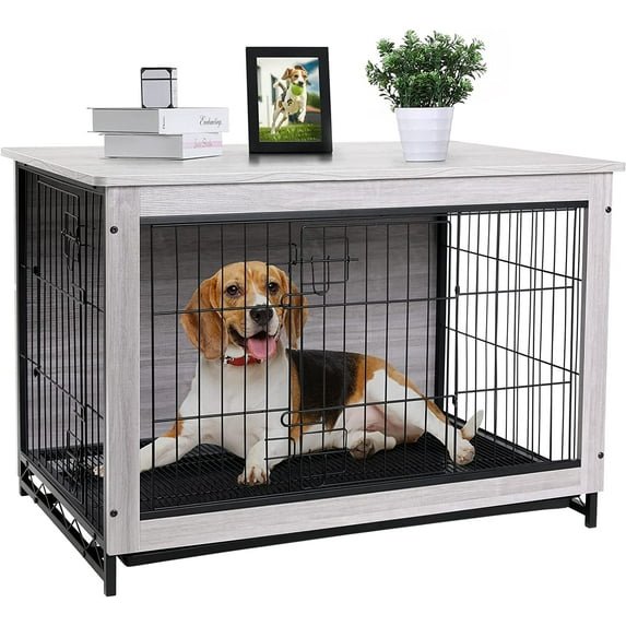 Arlopu Dog Crate Furniture Indoor End Table 29.1'' Wooden Dog Cage Dog Kennel with Pull-Out Tray & Double-Door