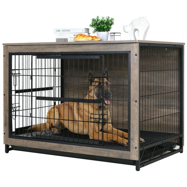 Arlopu Dog Crate Furniture Wooden End Table 44.1'' Dog Cage Indoor Dog Kennel for Small, Medium, Large Dogs Under 80 lb, with Pull-Out Tray & Double Doors