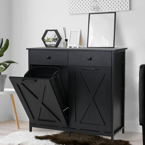 Arlopu Double Tilt Out Trash Cabinet Freestanding Kitchen Recycling Cabinet Garbage Can Holder with Drawers